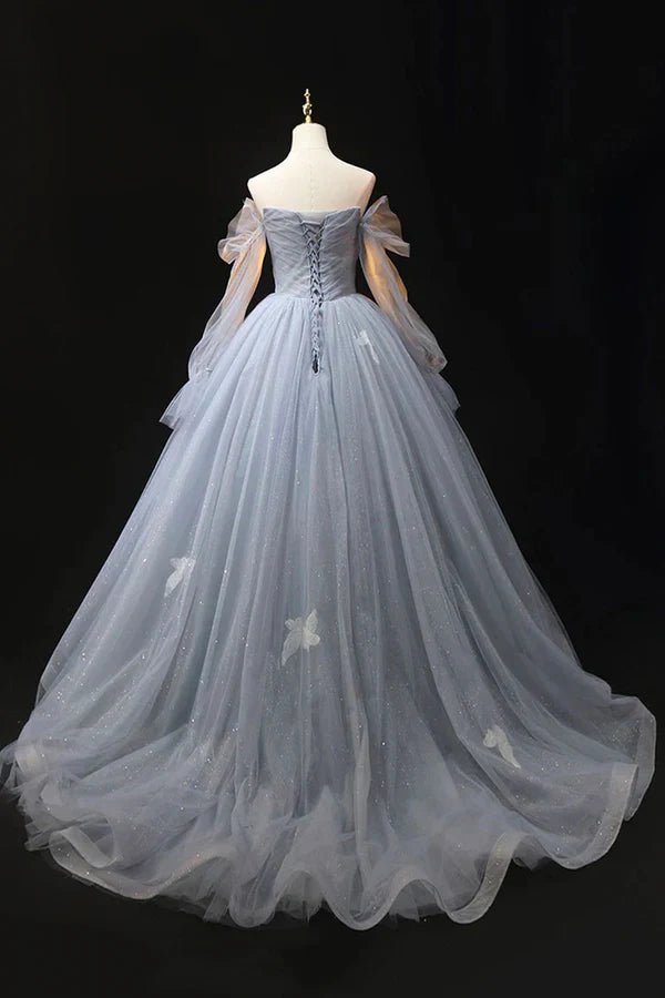 Wholesale Gray Blue Tulle Floor Length Prom Dress Elegant Long Sleeve Formal Evening Dress